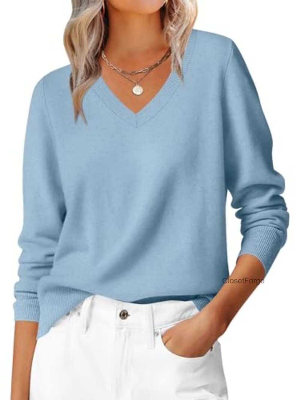 Women's V-Neck Long Sleeve Lightweight Knit Pullover Sweater, Polyester Blend